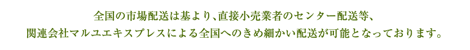 全国の市場配送は基より、直接小売業者のセンター配送等、関連会社マルユエキスプレスによる全国へのきめ細かい配送が可能となっております。